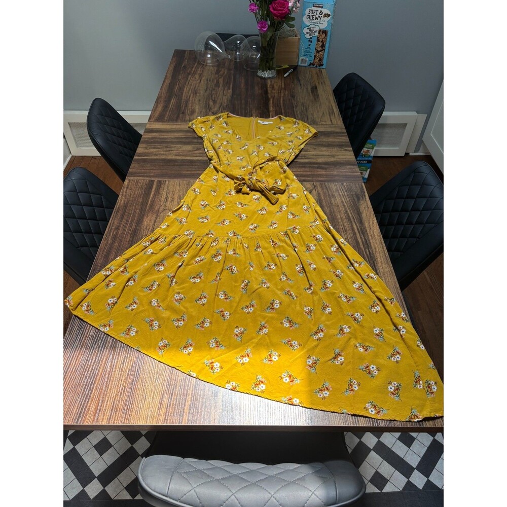 Boden Yellow Gold Floral V-Neck  Dress Short Sleeve Pockets US 4 UK 8